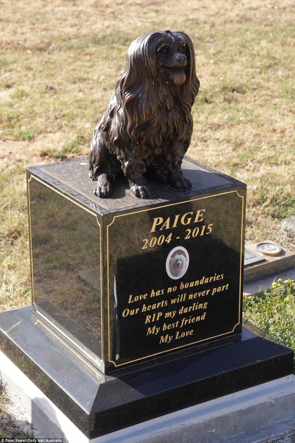 The Victorian owner of Maltese terrier Paige, who died aged 11 in 2015, spent more than $10,000 on this bronze statue and granite headstone; she visits the grave several times a year 