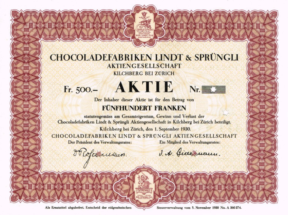 Акция шоколадной фабрики Lindt & Spruengli AG, выпущенная 1 сентября 1930 года