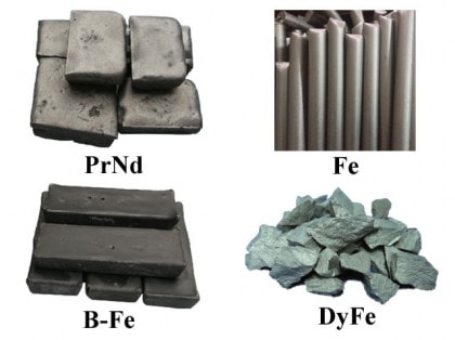 Elements of a neodymium magnet - neodymium/praseodymium (PrNd), iron (Fe), boron/iron (B-Fe), and dysprosium/iron (DyFe)